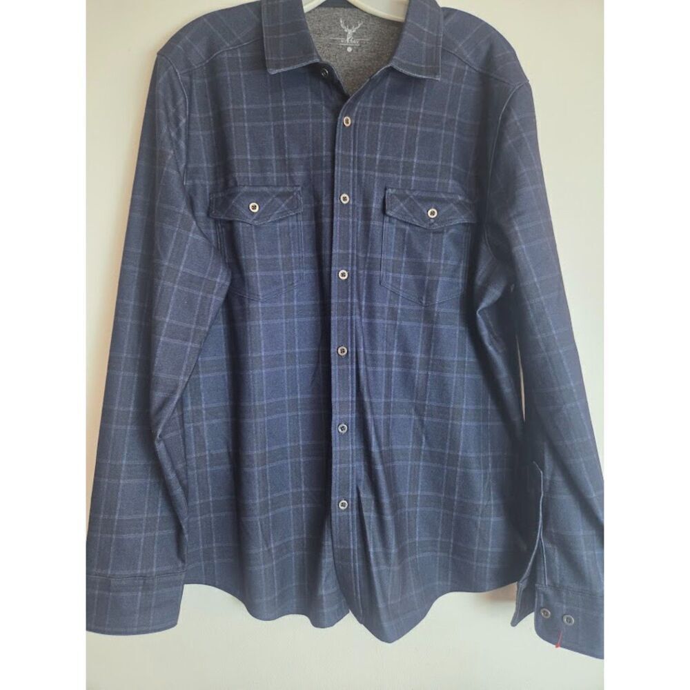 NICOBY Men Blue Grey Plaid Stretch Flannel Long Sleeve Button Down Shirt Large